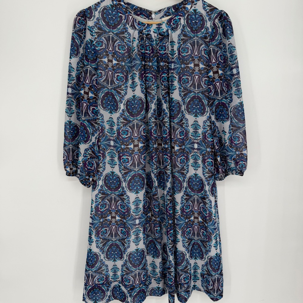 Eva Mendes Shift Dress Blue Paisley Medallion Chiffon Feminine Career Medium